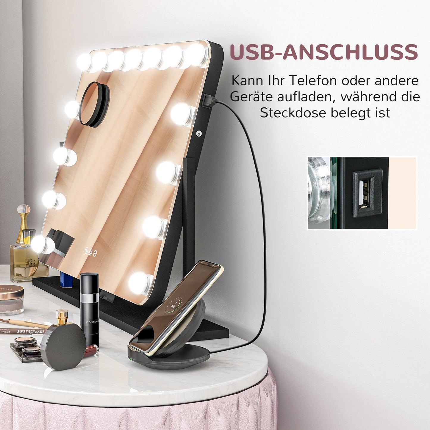 Hollywood makeup mirror with lights, 15 LEDs, black, 3 modes