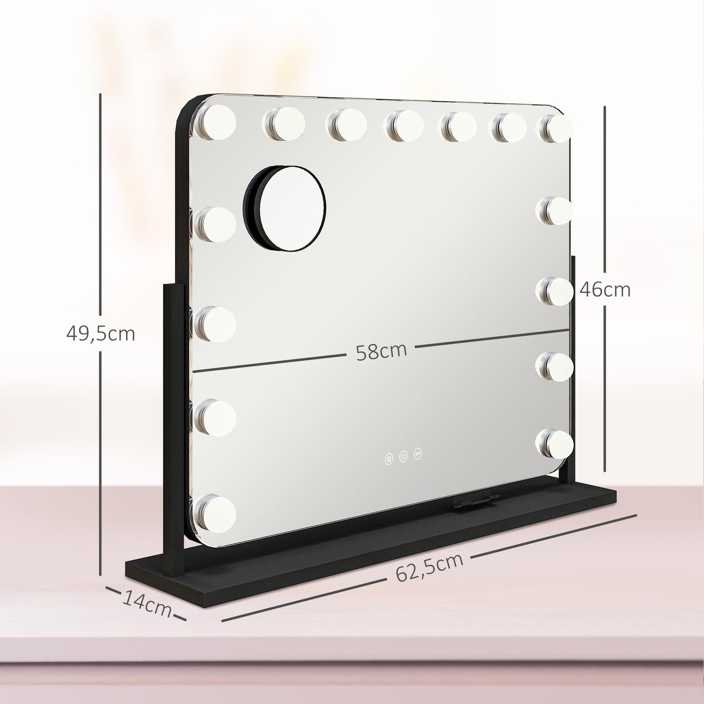 Hollywood makeup mirror with lights, 15 LEDs, black, 3 modes