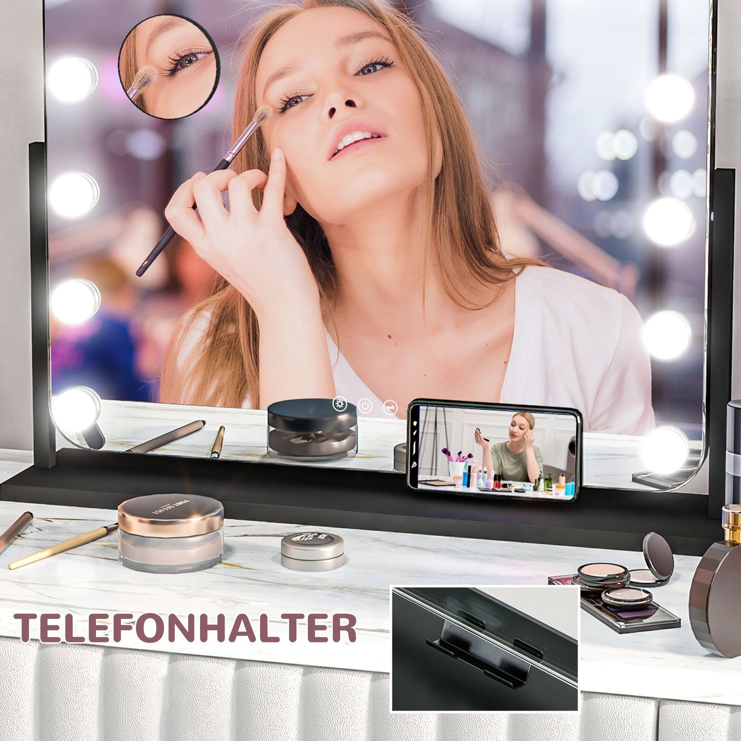 Hollywood makeup mirror with lights, 15 LEDs, black, 3 modes