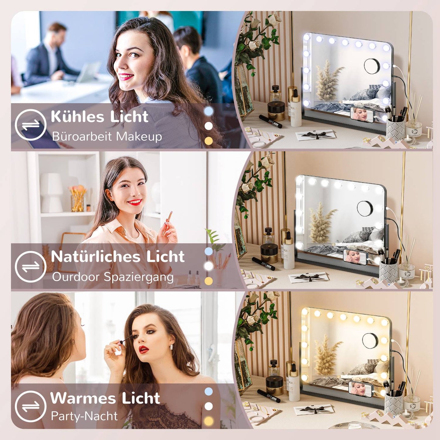Hollywood makeup mirror with lights, 15 LEDs, black, 3 modes