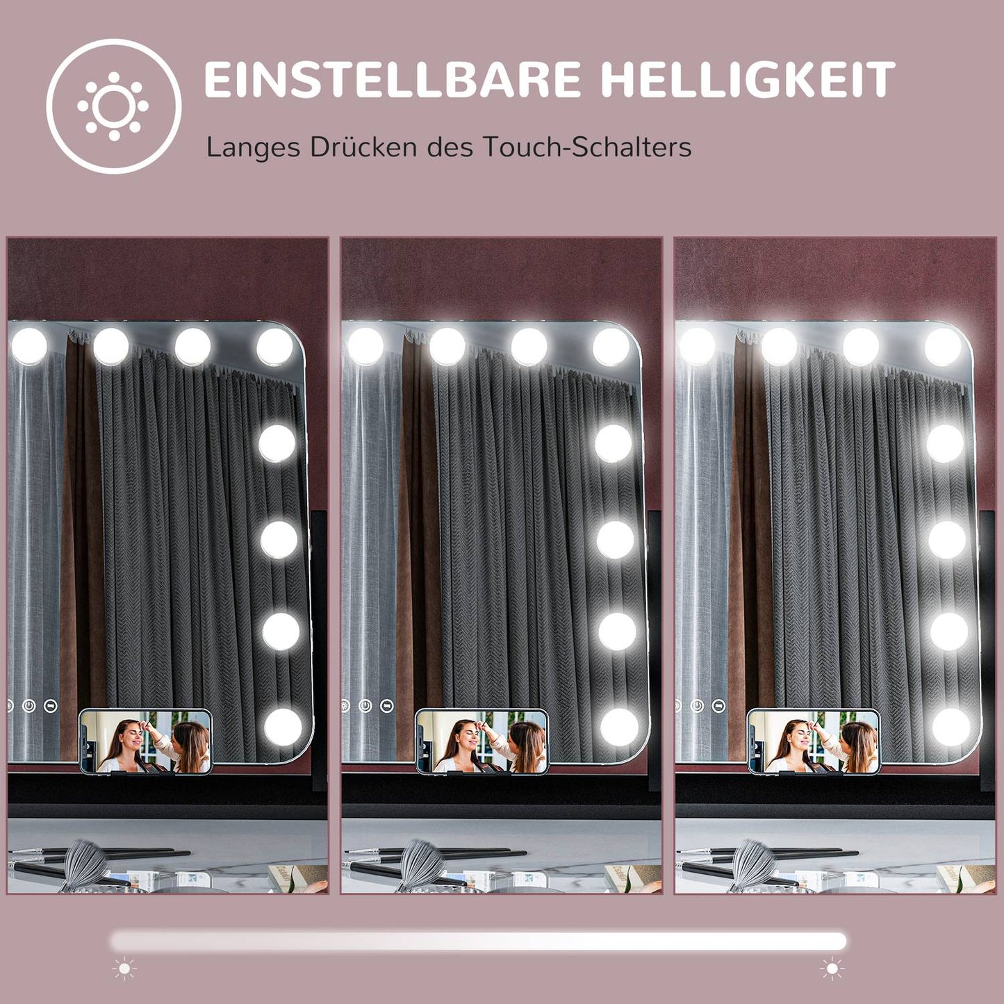 Hollywood makeup mirror with lights, 15 LEDs, black, 3 modes