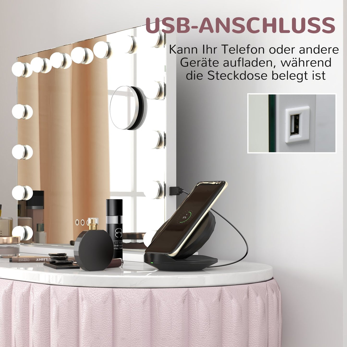Hollywood makeup mirror, 15 LED, 3 modes, 10X magnification, USB