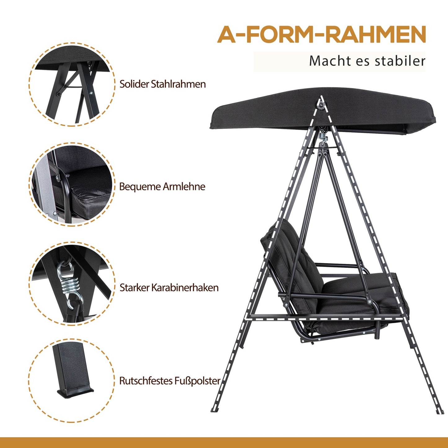 2-seat garden swing with cushion and adjustable roof, black
