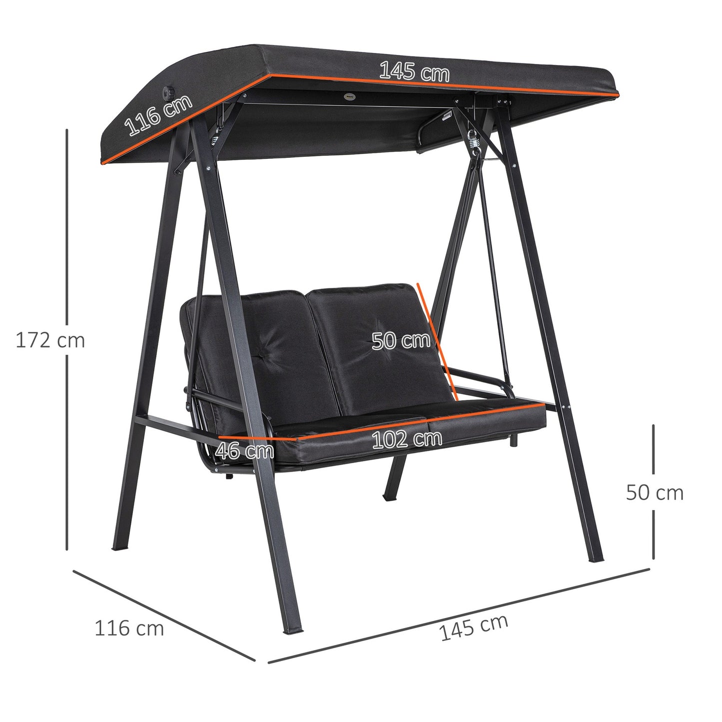 2-seat garden swing with cushion and adjustable roof, black