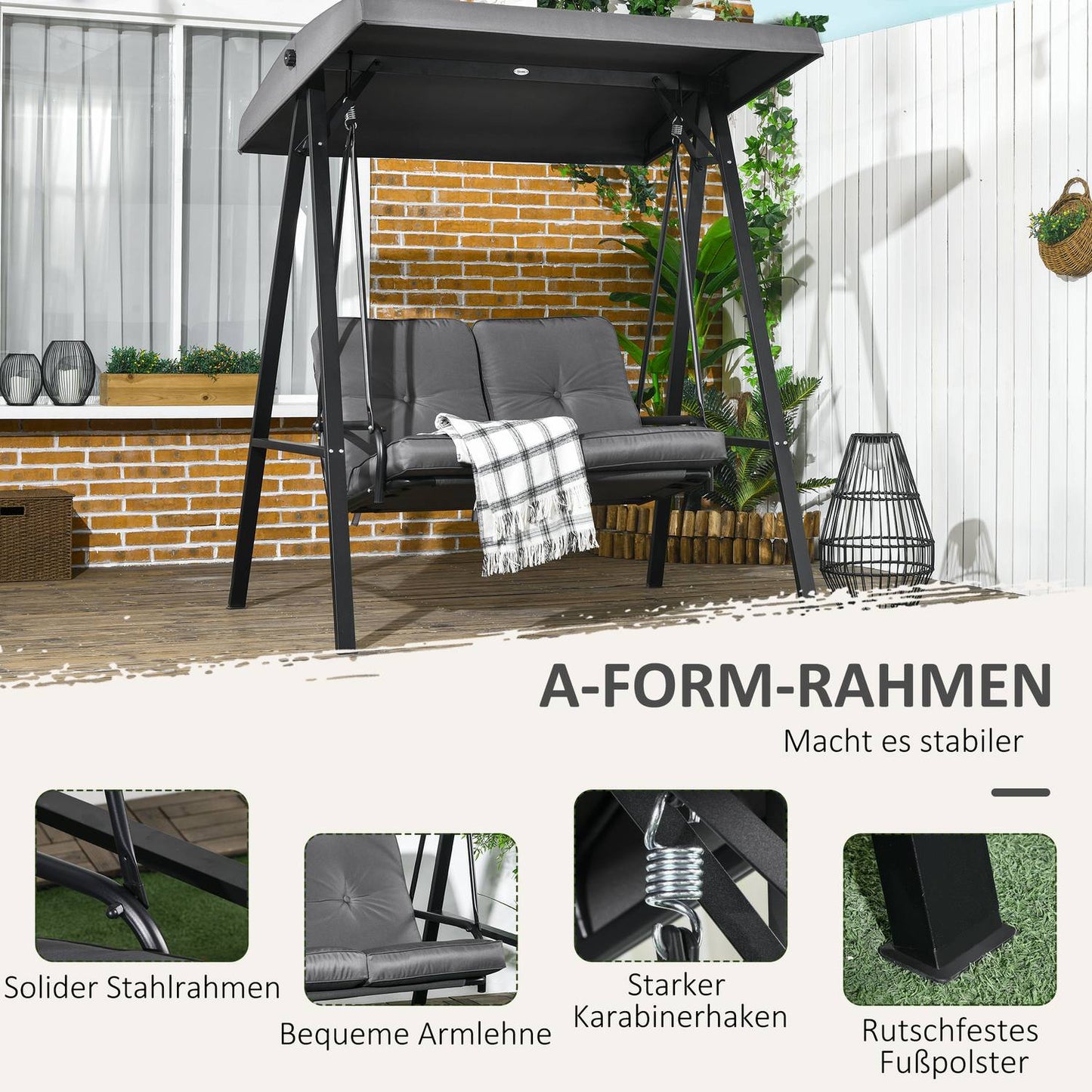 2-seat garden swing, adjustable roof, 220 kg capacity
