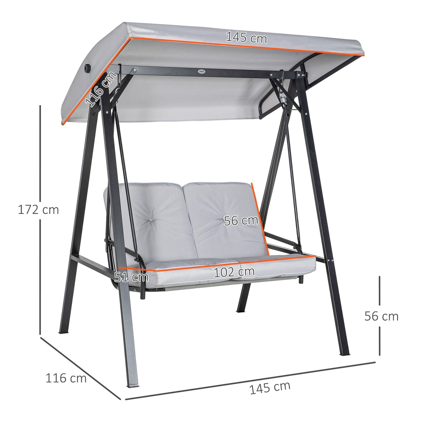 2-seat garden swing with adjustable roof, grey, 220 kg capacity