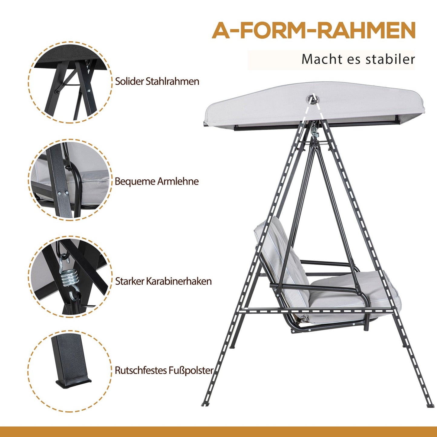 2-seat garden swing with adjustable roof, grey, 220 kg capacity