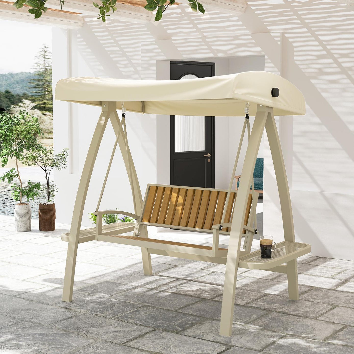 2-seater garden swing with adjustable canopy, side table - beige