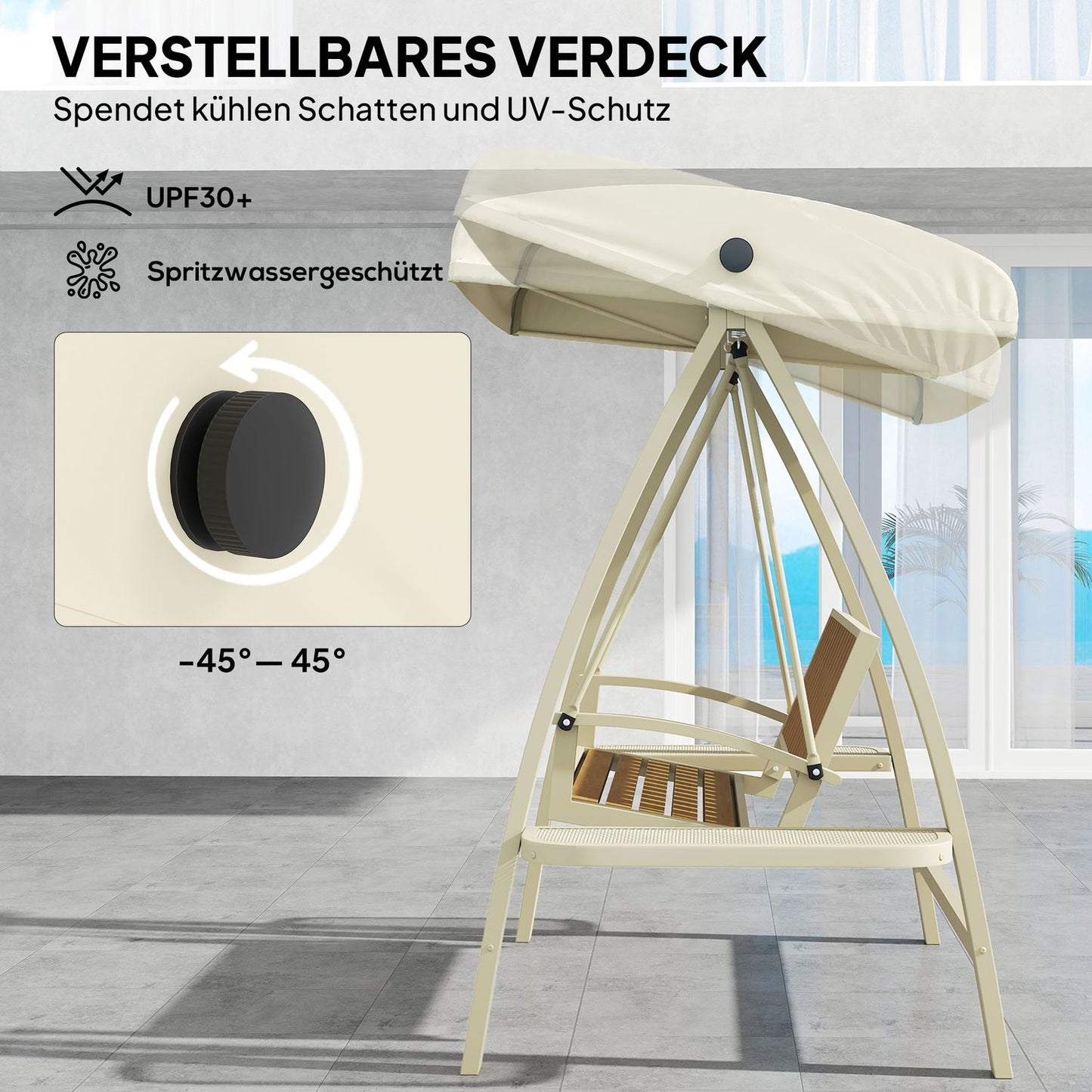 2-seater garden swing with adjustable canopy, side table - beige