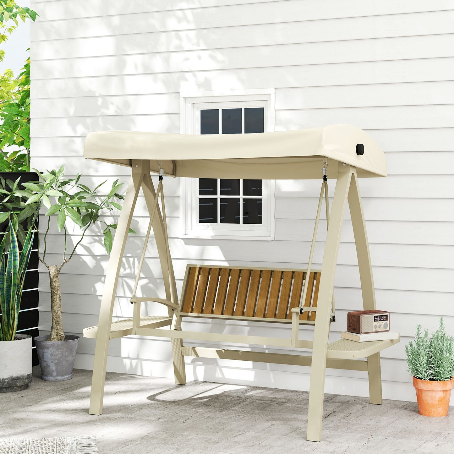 2-seater garden swing with adjustable canopy, side table - beige