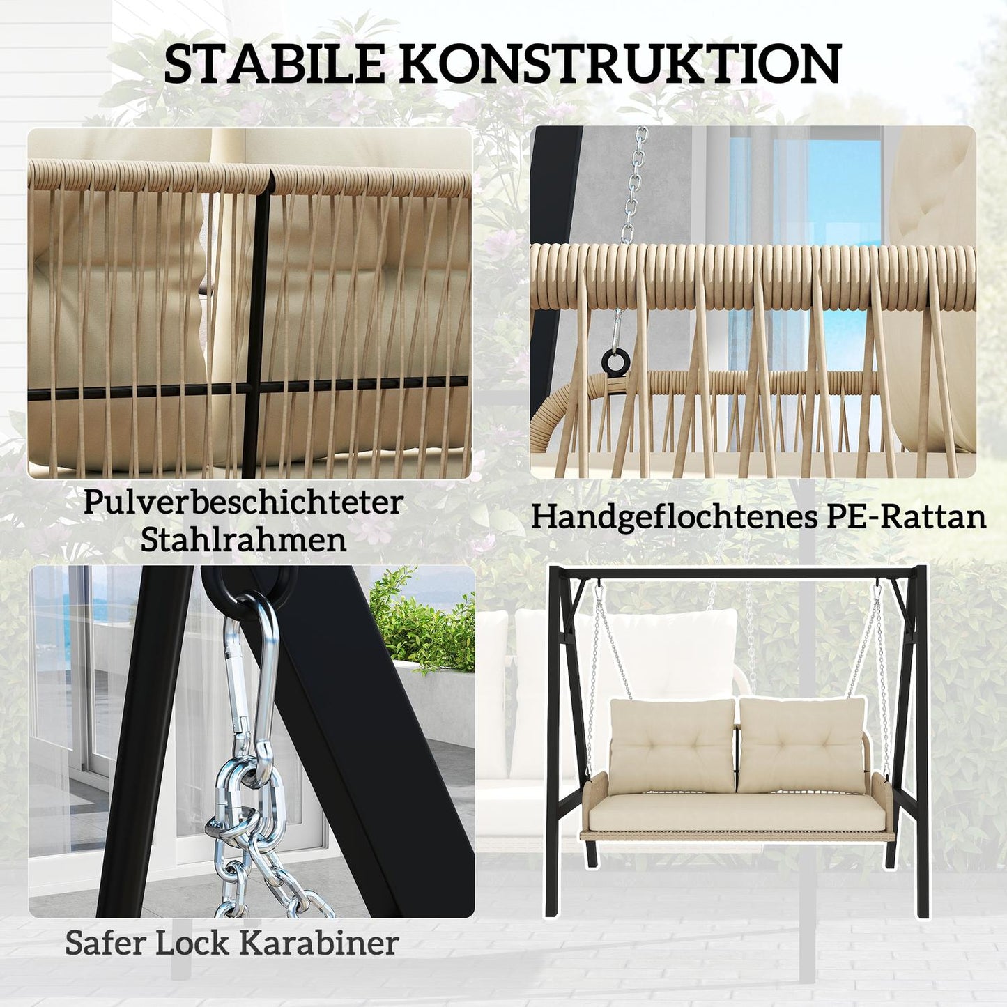Rattan 2-seat garden swing with cushions, beige