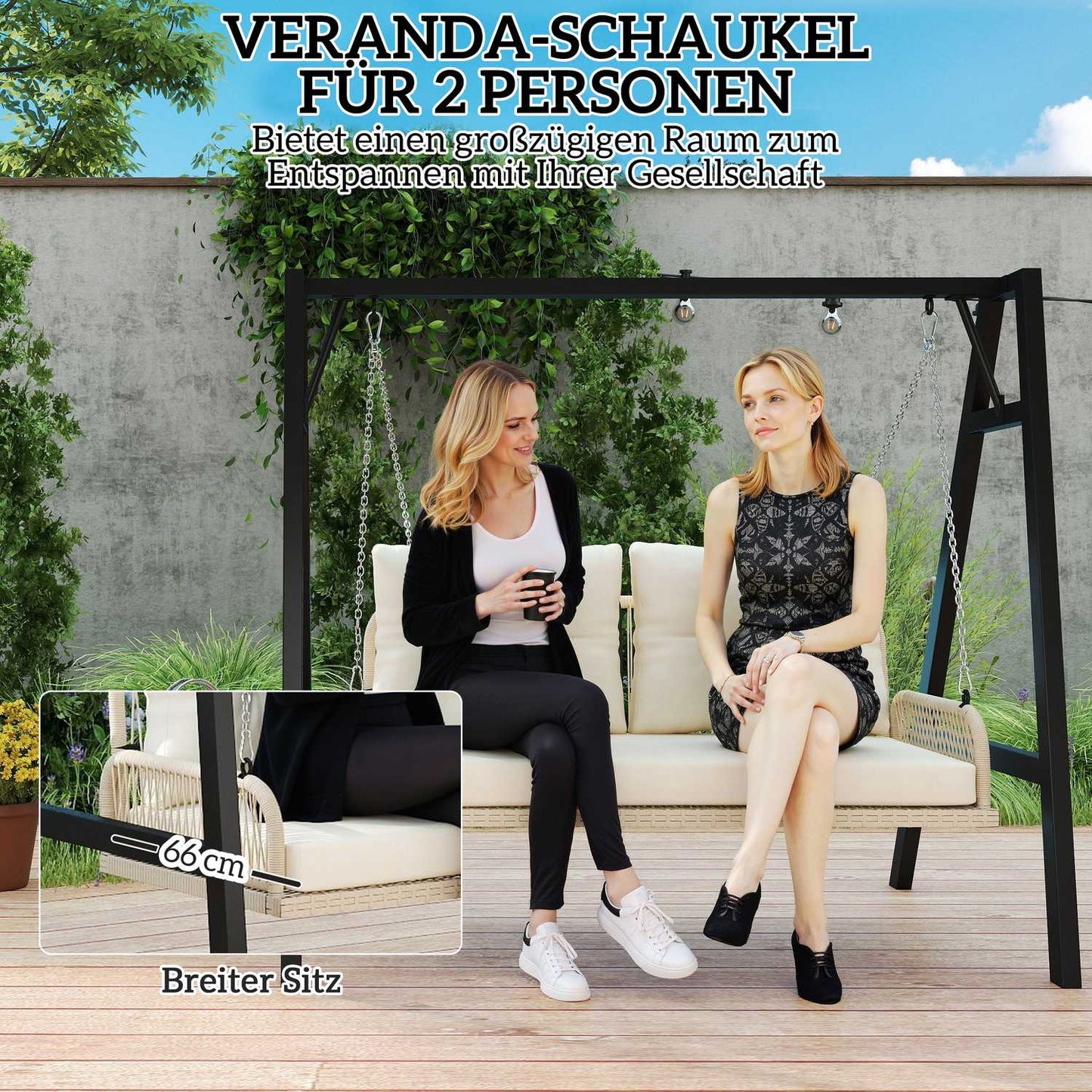 Rattan 2-seat garden swing with cushions, beige