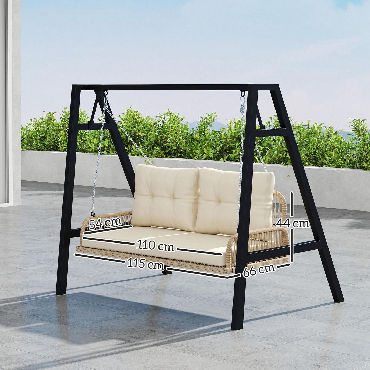 Rattan 2-seat garden swing with cushions, beige