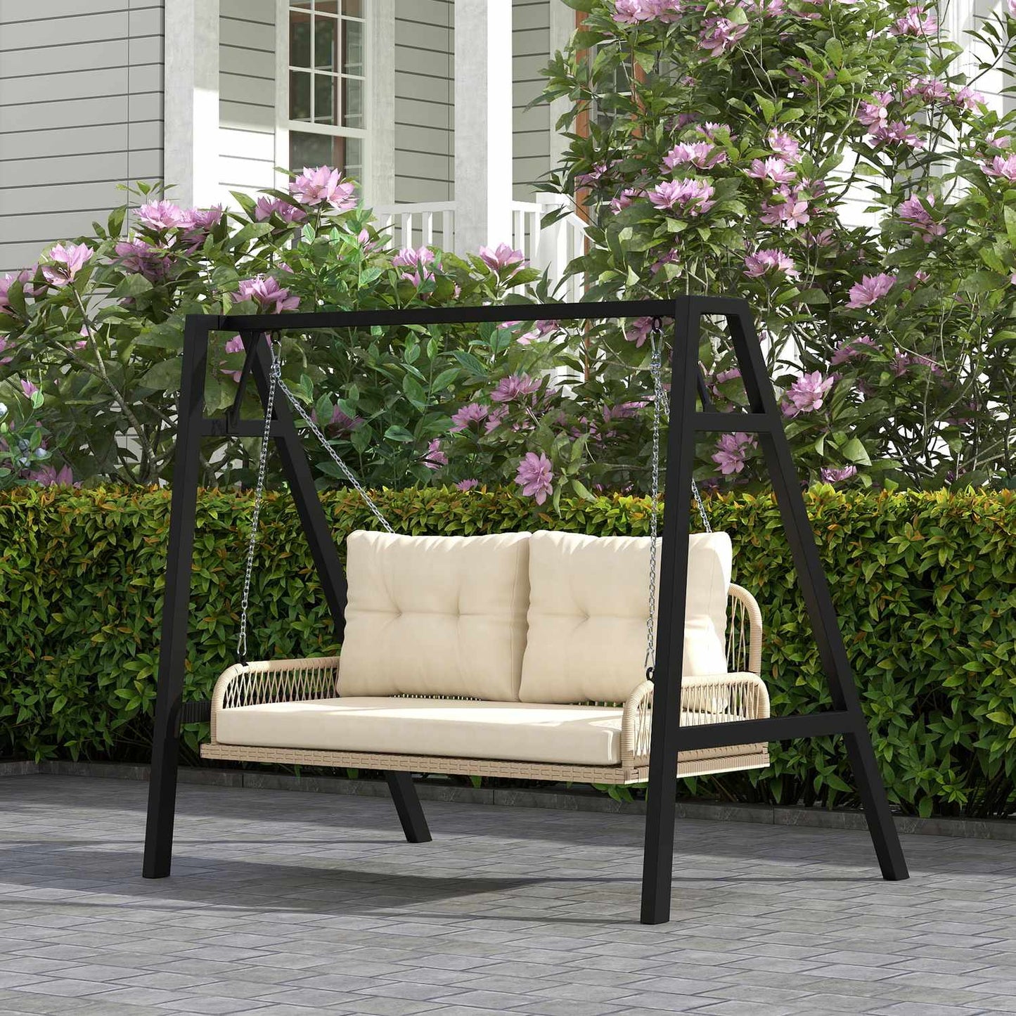Rattan 2-seat garden swing with cushions, beige