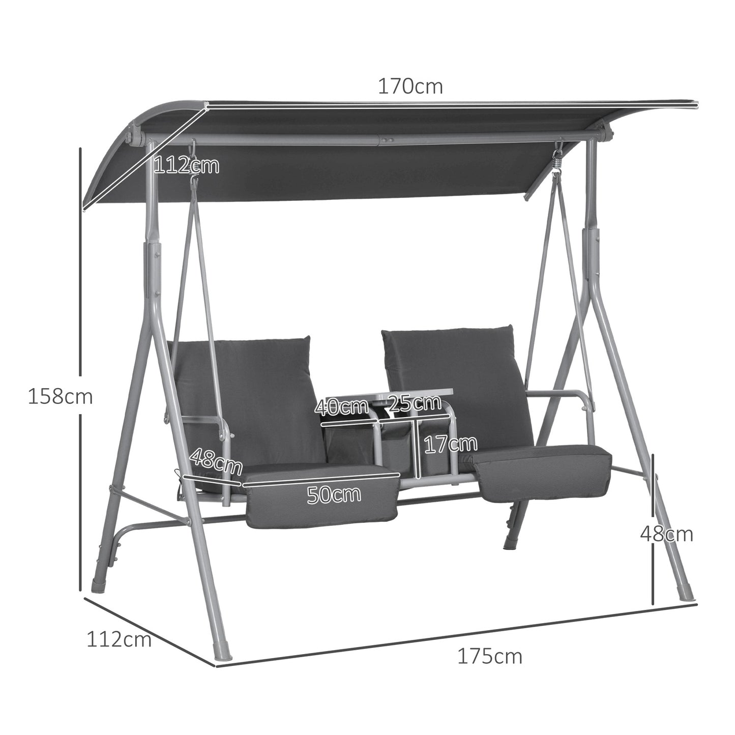 2-seat black garden swing with canopy and tray