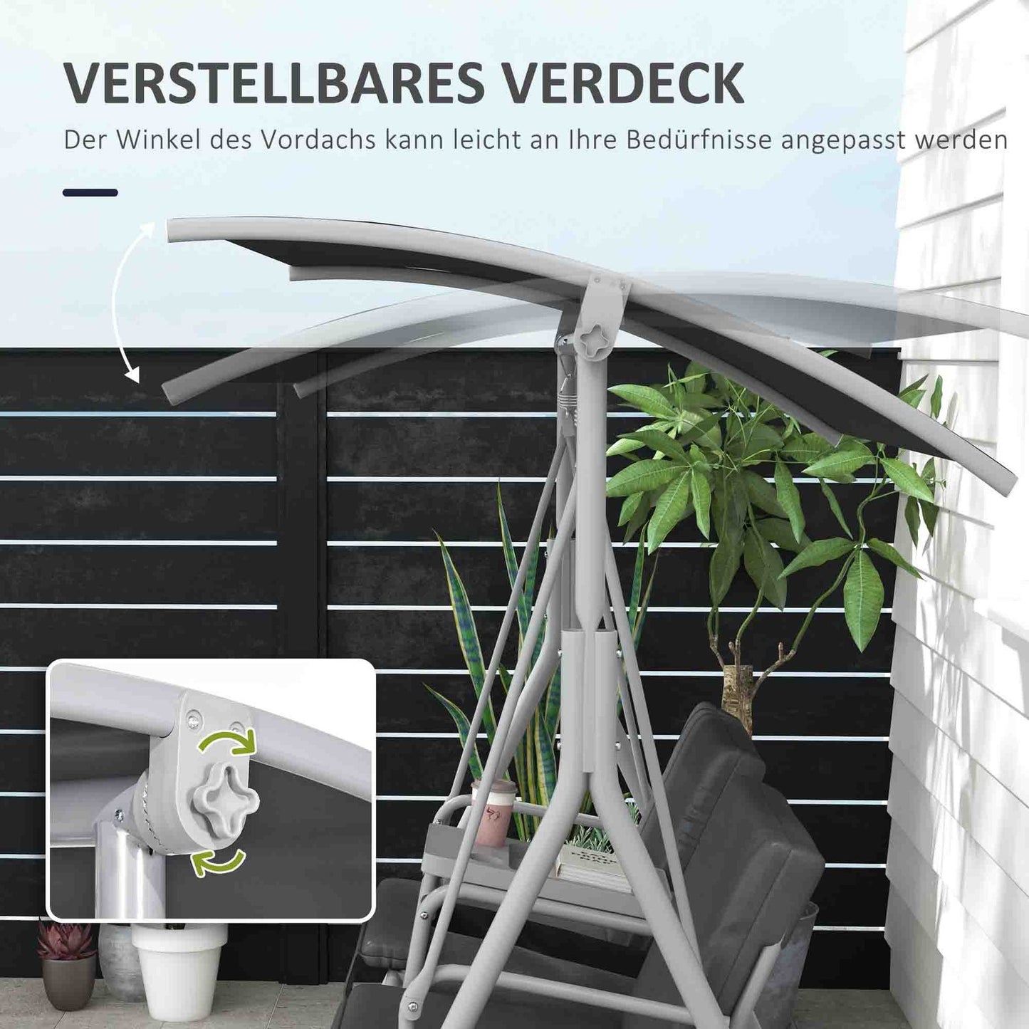 2-seat black garden swing with canopy and tray