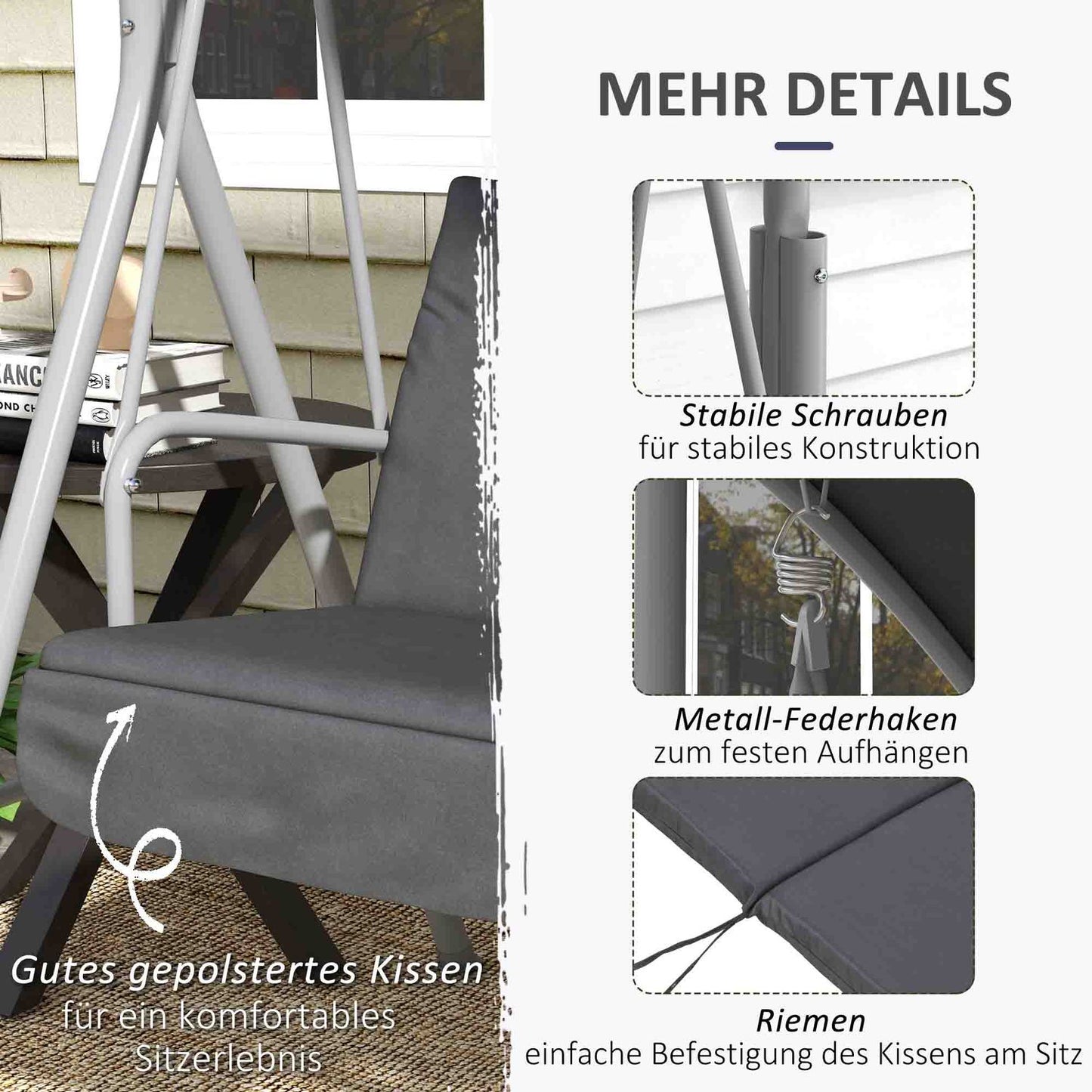 2-seat black garden swing with canopy and tray