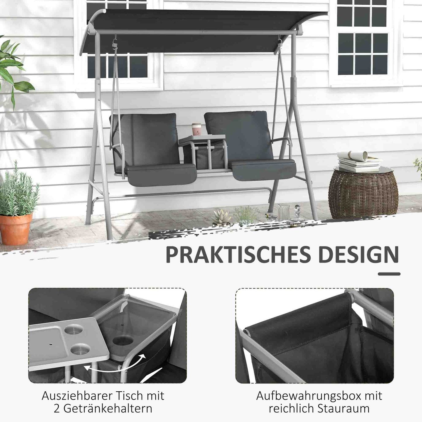 2-seat black garden swing with canopy and tray
