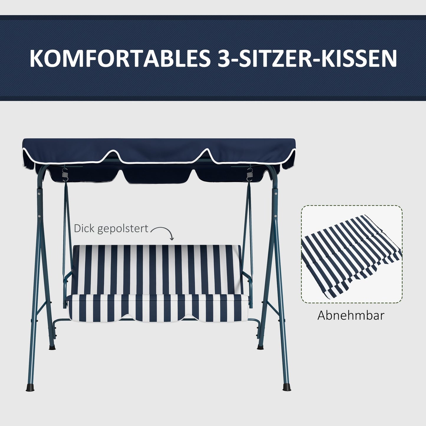 Garden swing bench, 3-seater, adjustable roof, blue