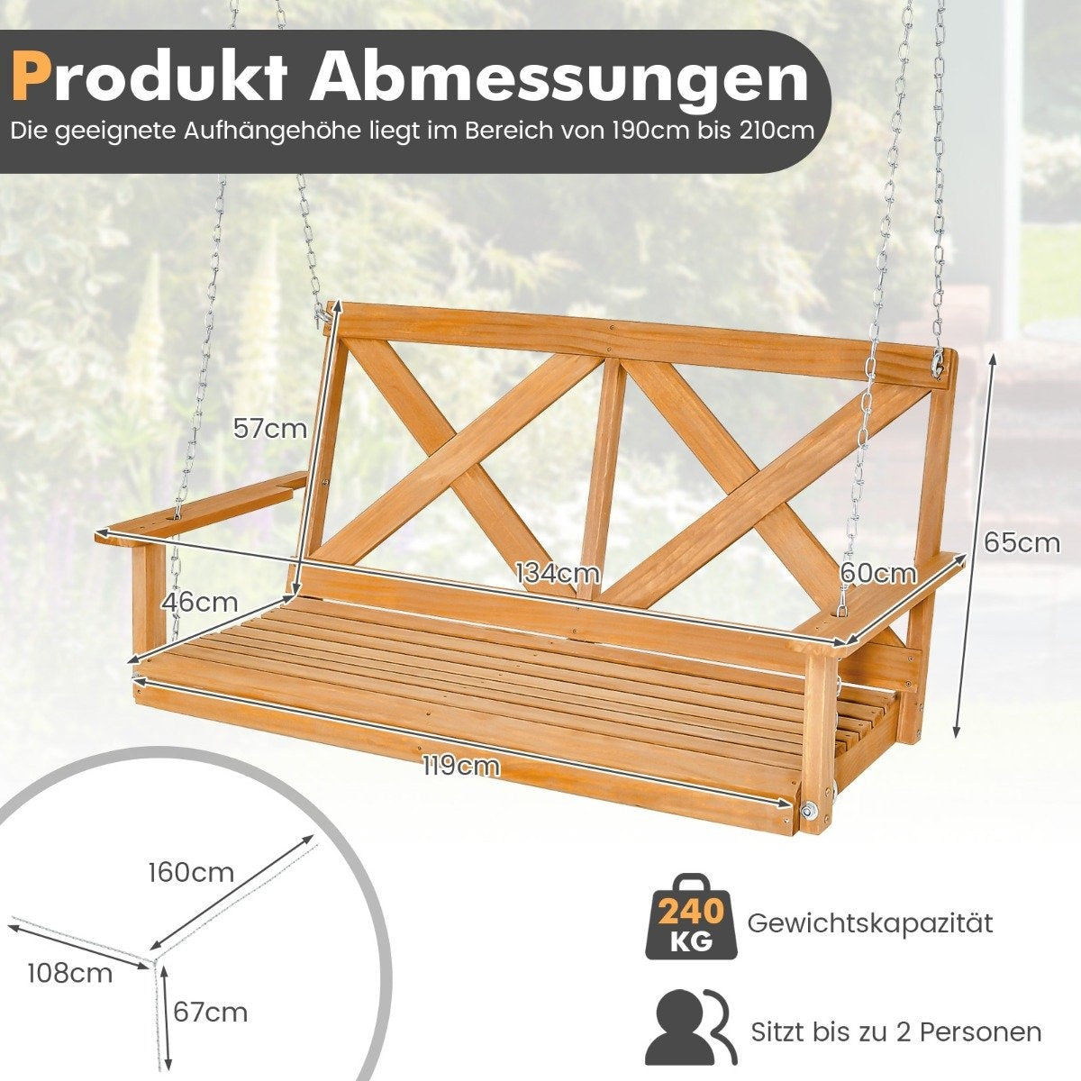 Hollywood swing for 2 people with adjustable chains can hold up to 240 kg, 134 cm natural