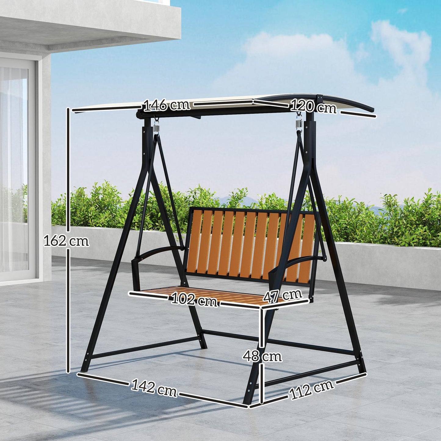 2-seat garden swing with adjustable canopy, weatherproof