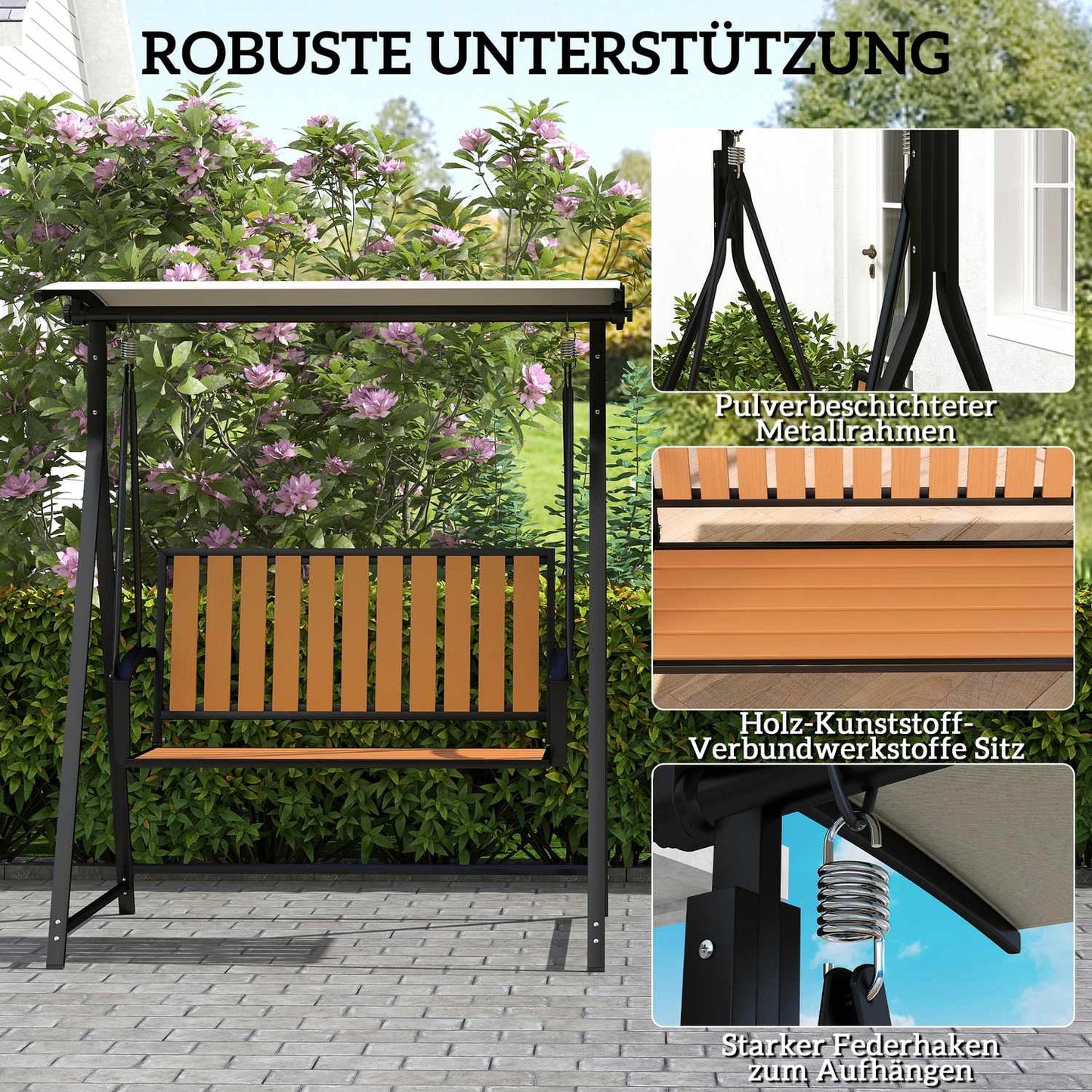 2-seat garden swing with adjustable canopy, weatherproof