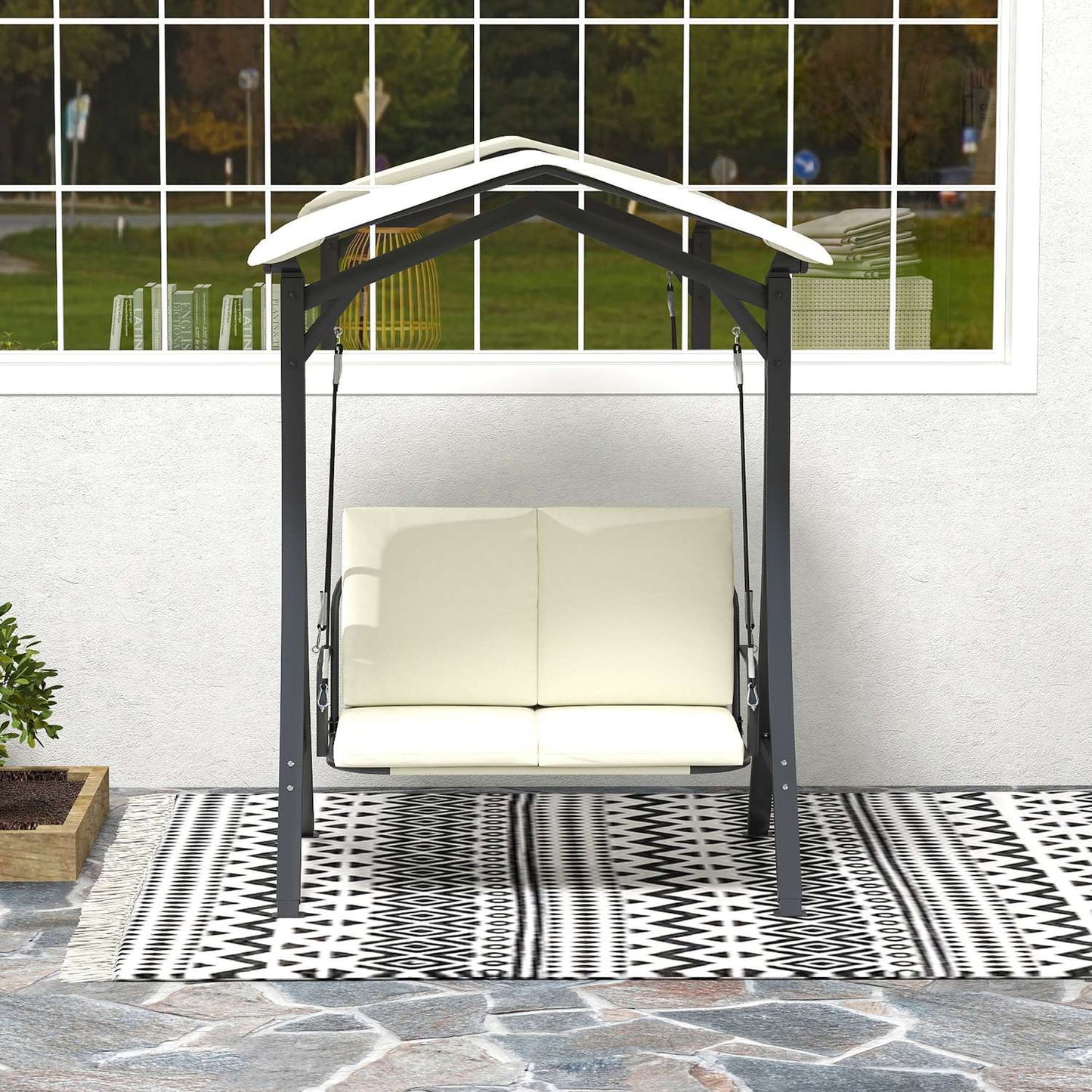 Adjustable 2-seat garden swing with canopy, cream white