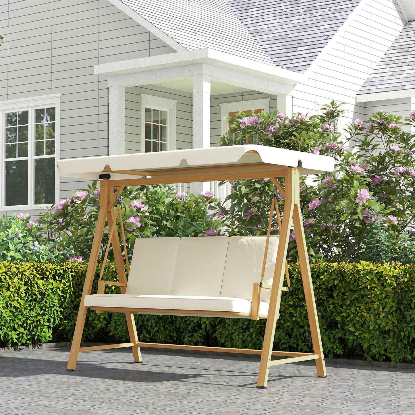 3-seat swing with sun protection, wooden look, 330 kg capacity