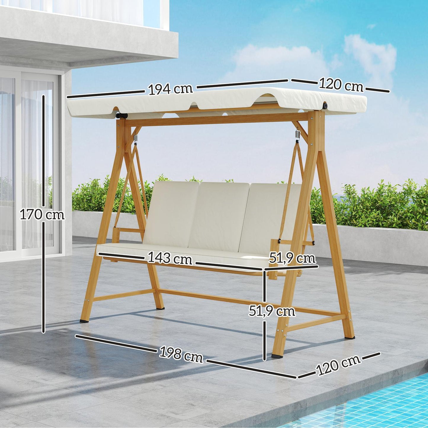 3-seat swing with sun protection, wooden look, 330 kg capacity