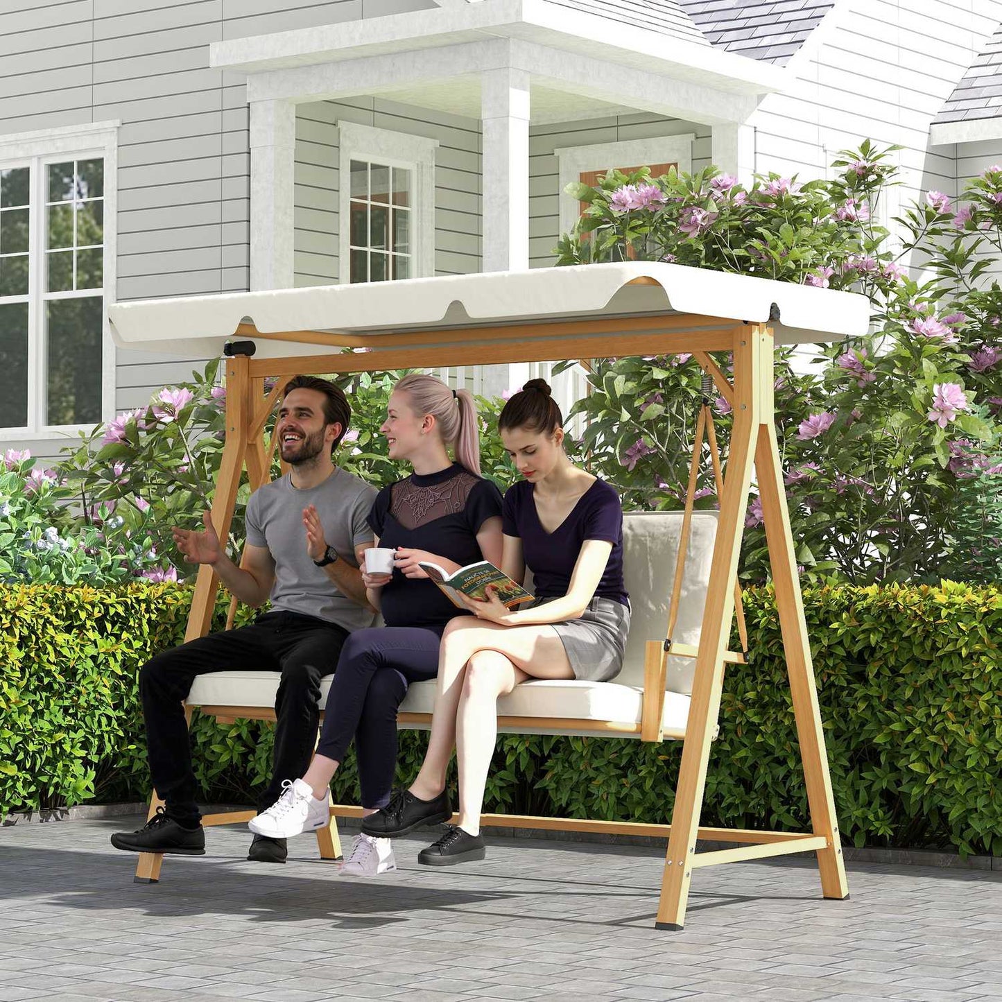 3-seat swing with sun protection, wooden look, 330 kg capacity