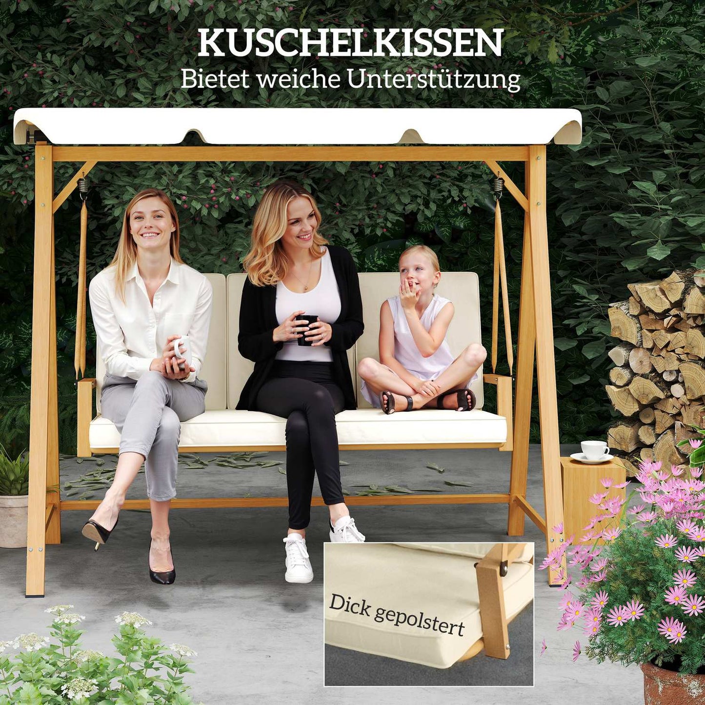 3-seat swing with sun protection, wooden look, 330 kg capacity