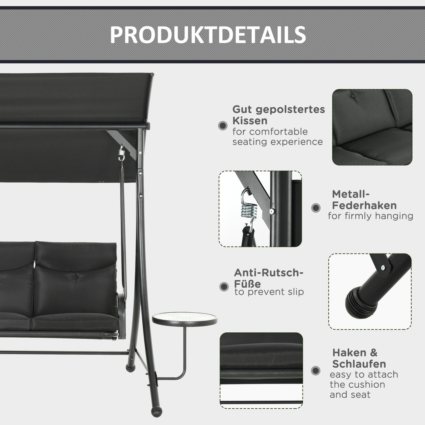 3-seat garden swing with canopy - Supports up to 300 kg