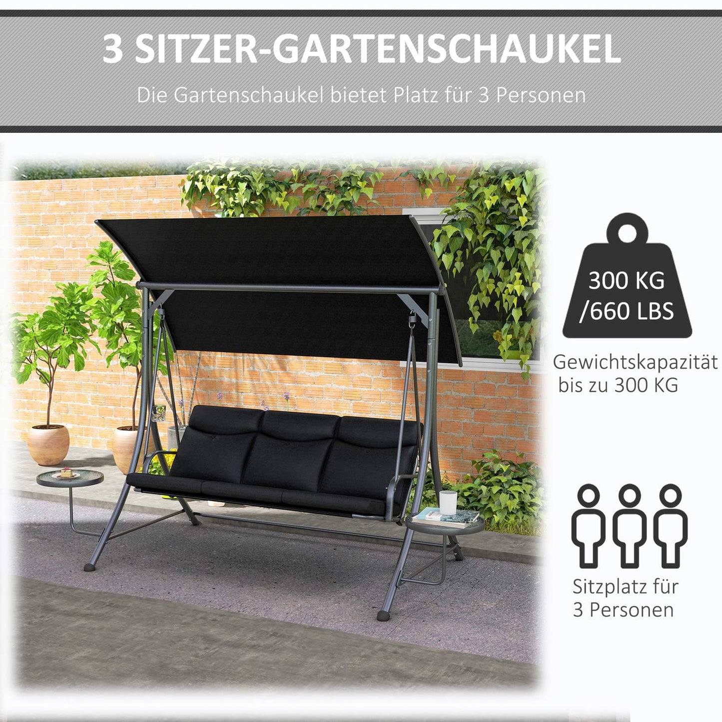 3-seat garden swing with canopy - Supports up to 300 kg