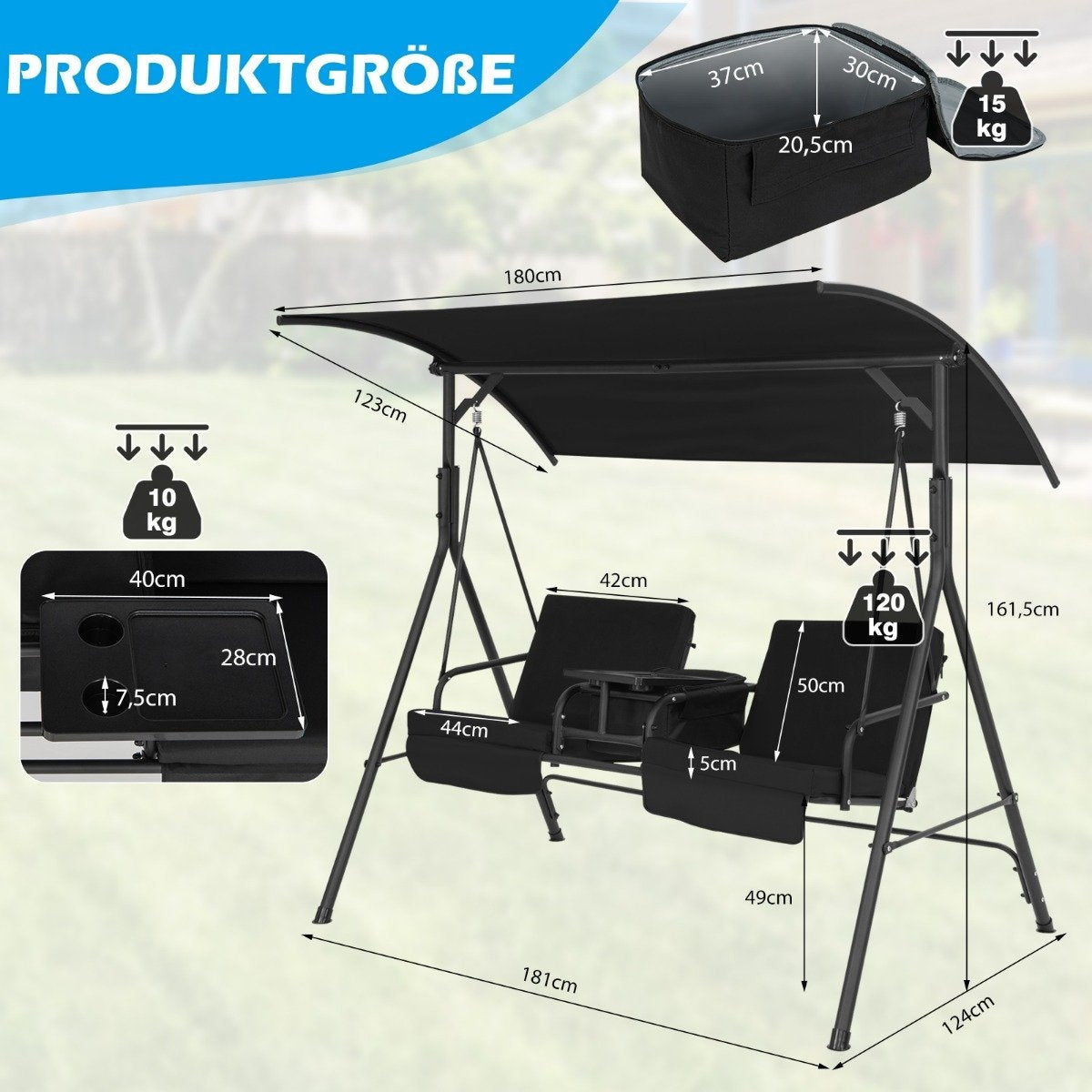 Hollywood swing with cooler bag 2-seater garden swing with adjustable roof black 180 x 124 x 161.5 cm