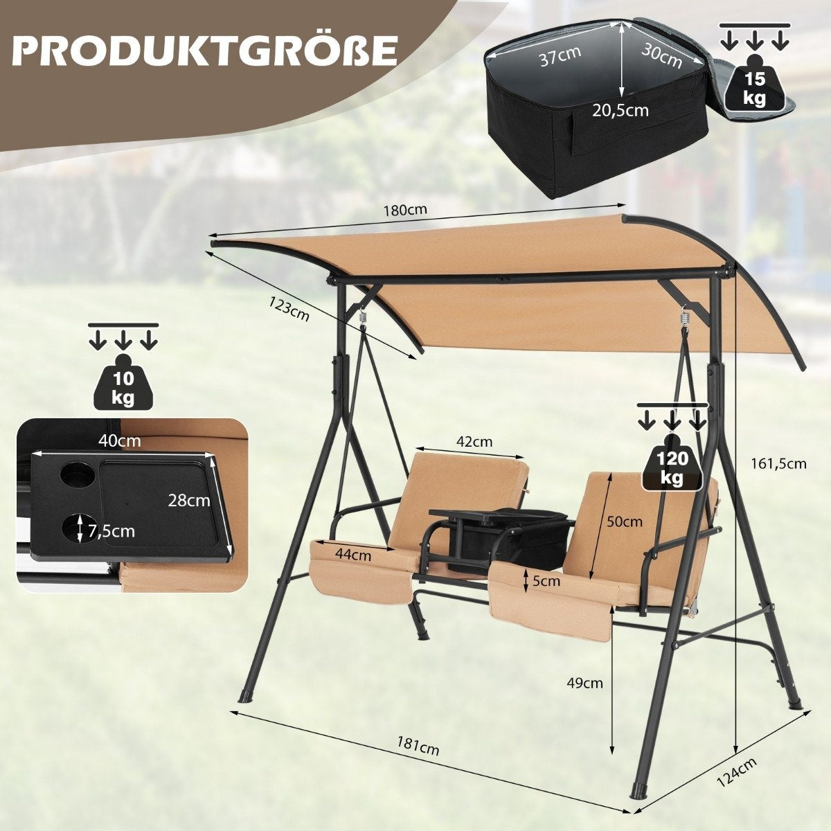 Hollywood swing with cooler bag 2-seater garden swing with adjustable roof brown 180 x 124 x 161.5 cm