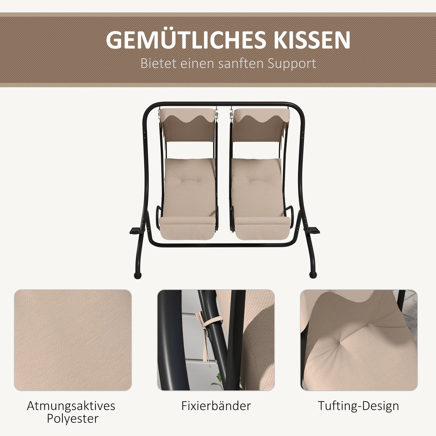 2-seat garden swing with canopy & cup holder, beige
