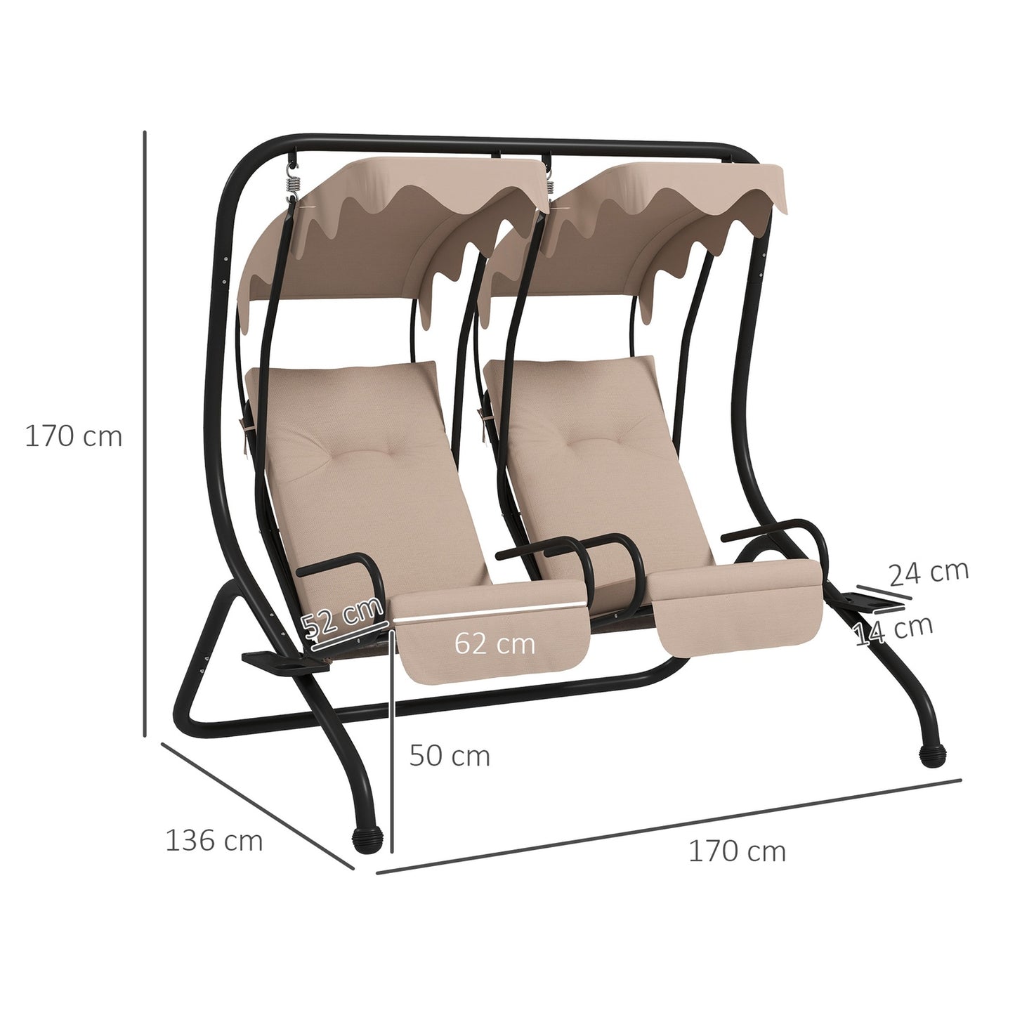 2-seat garden swing with canopy & cup holder, beige