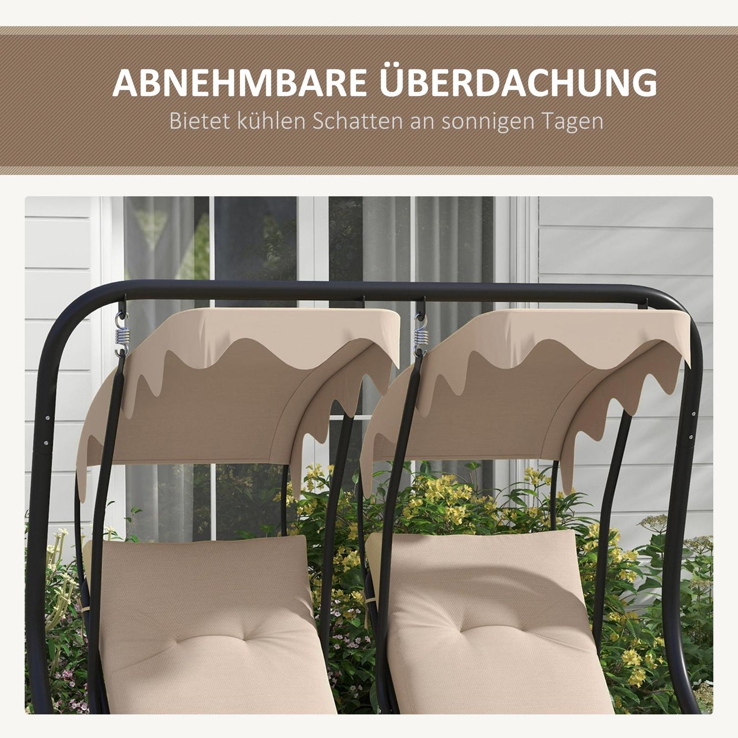 2-seat garden swing with canopy & cup holder, beige