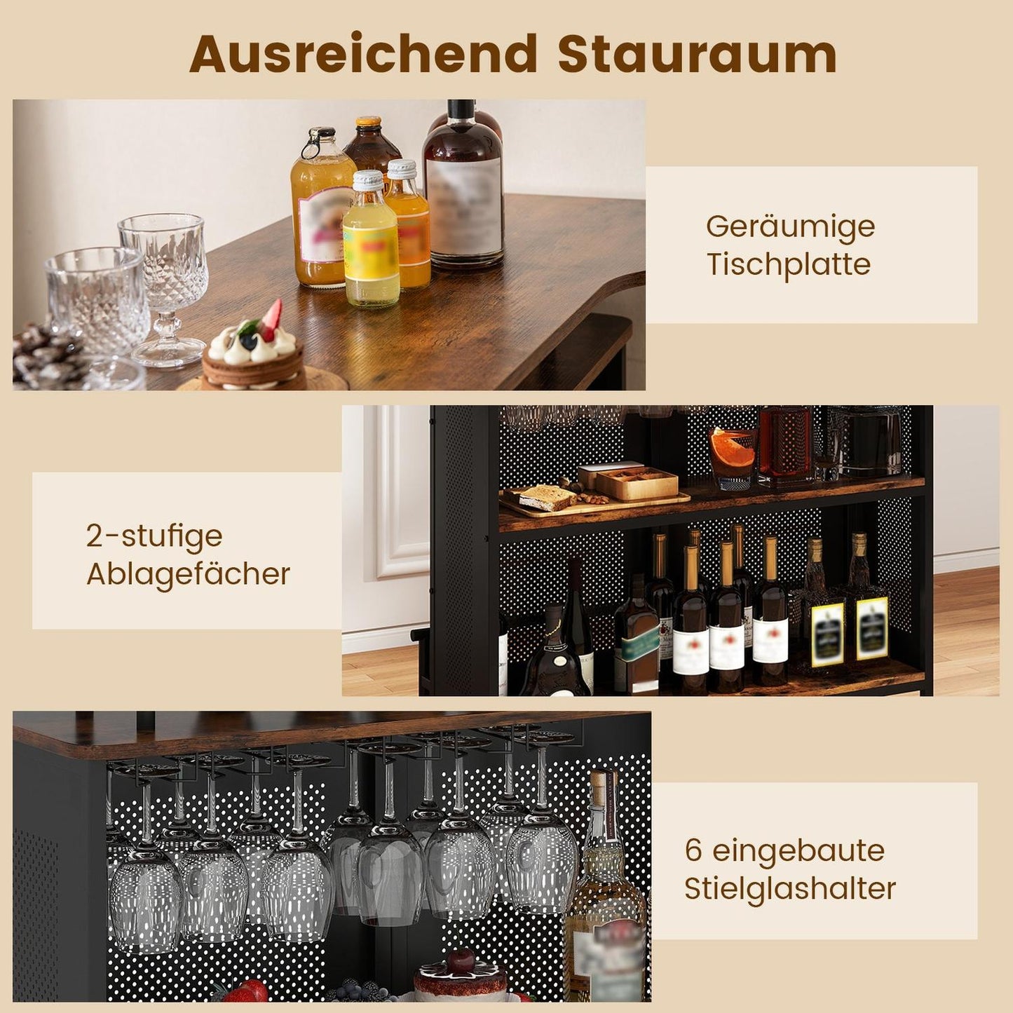 Home Bar Table with Storage and Footrest, Metal Frame