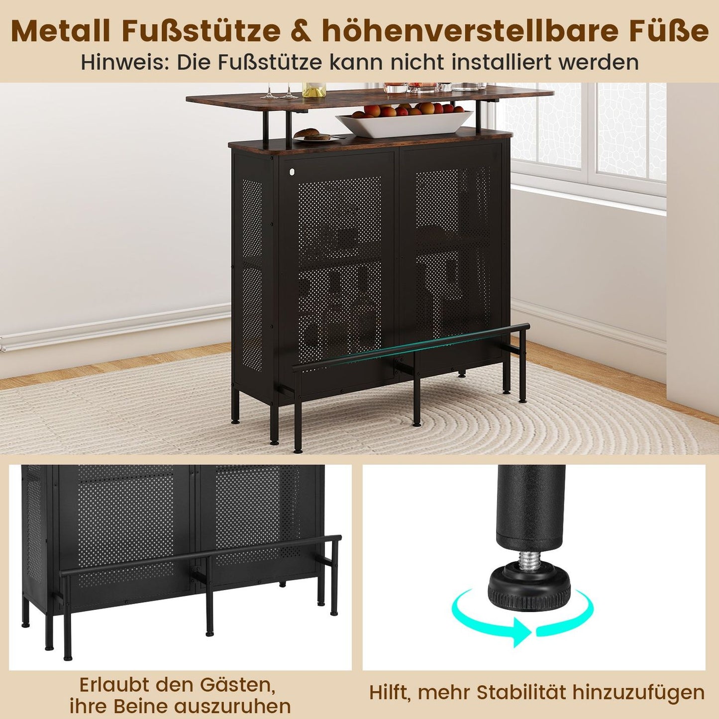 Home Bar Table with Storage and Footrest, Metal Frame