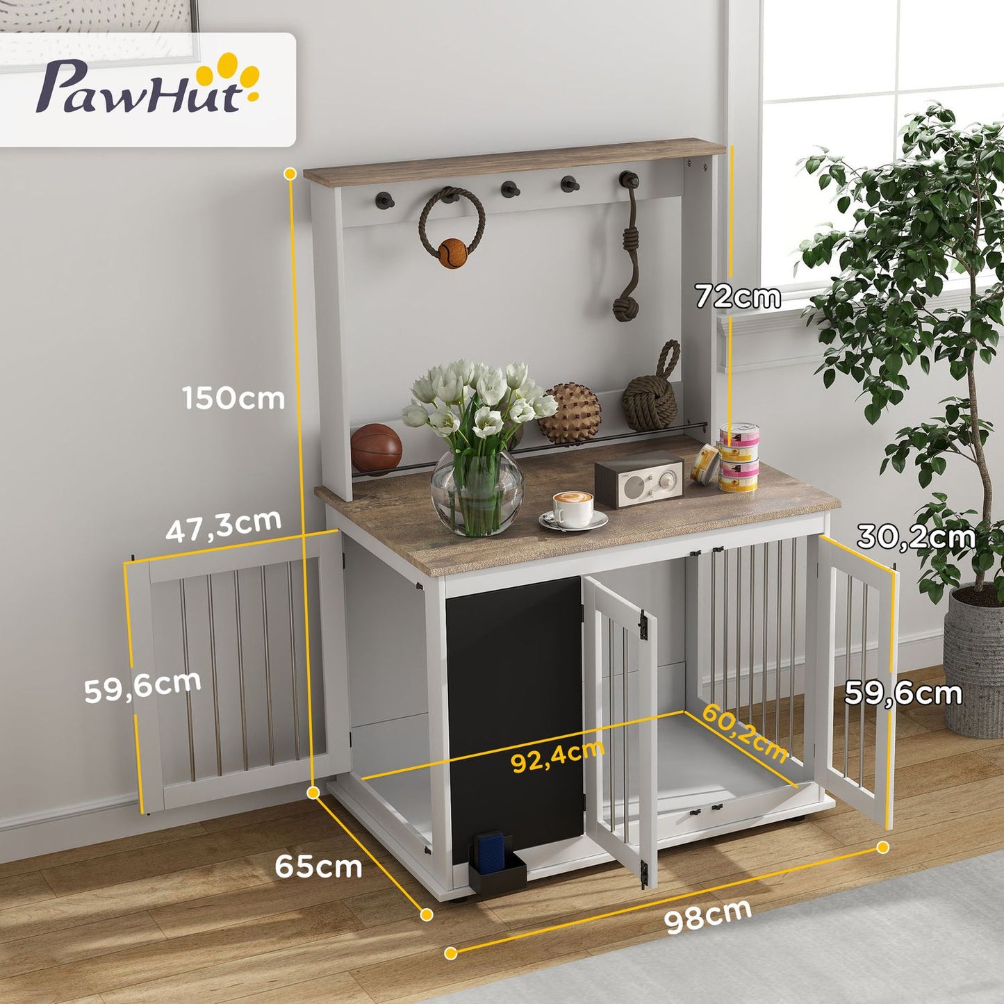 Large white dog box with toy storage and hooks