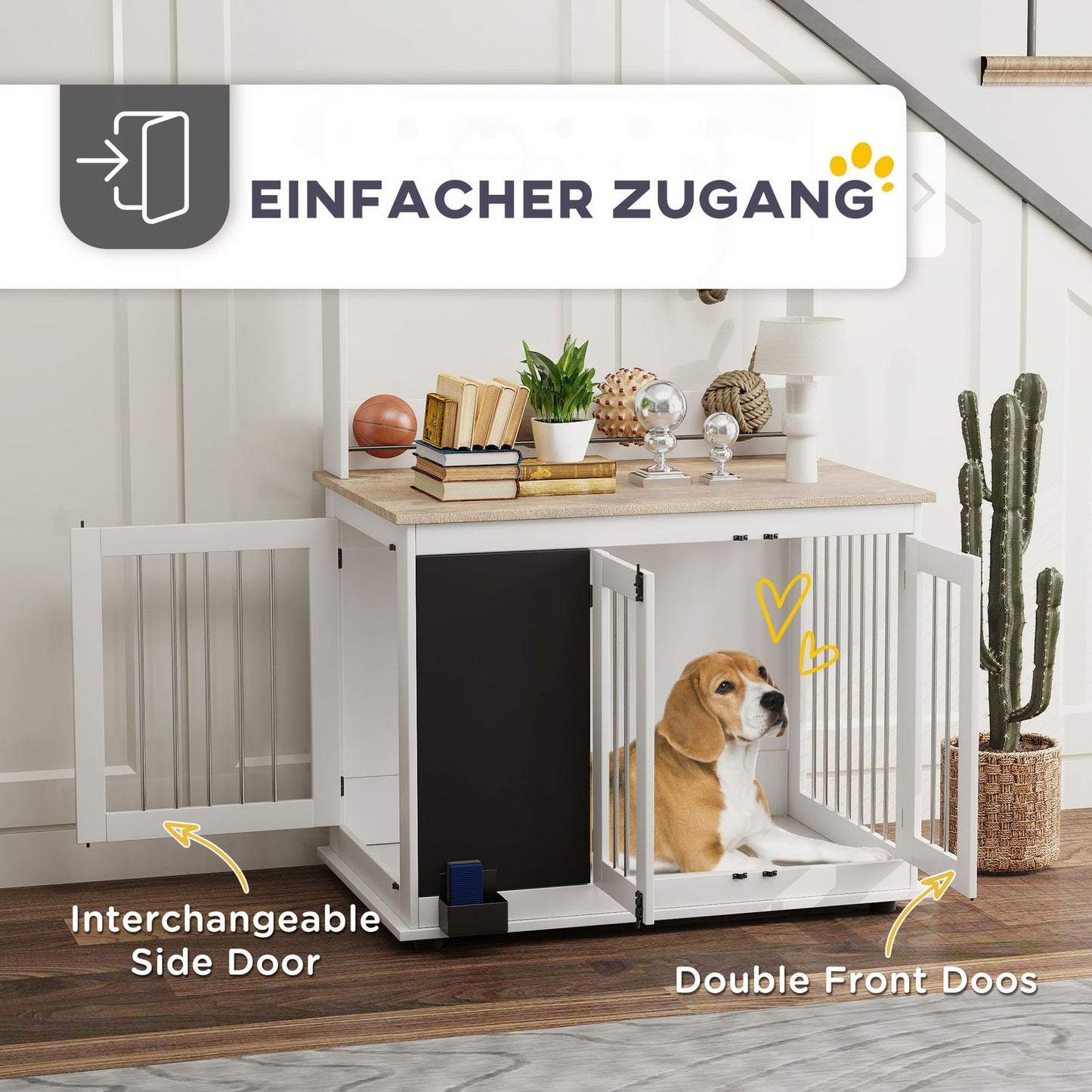 Large white dog box with toy storage and hooks