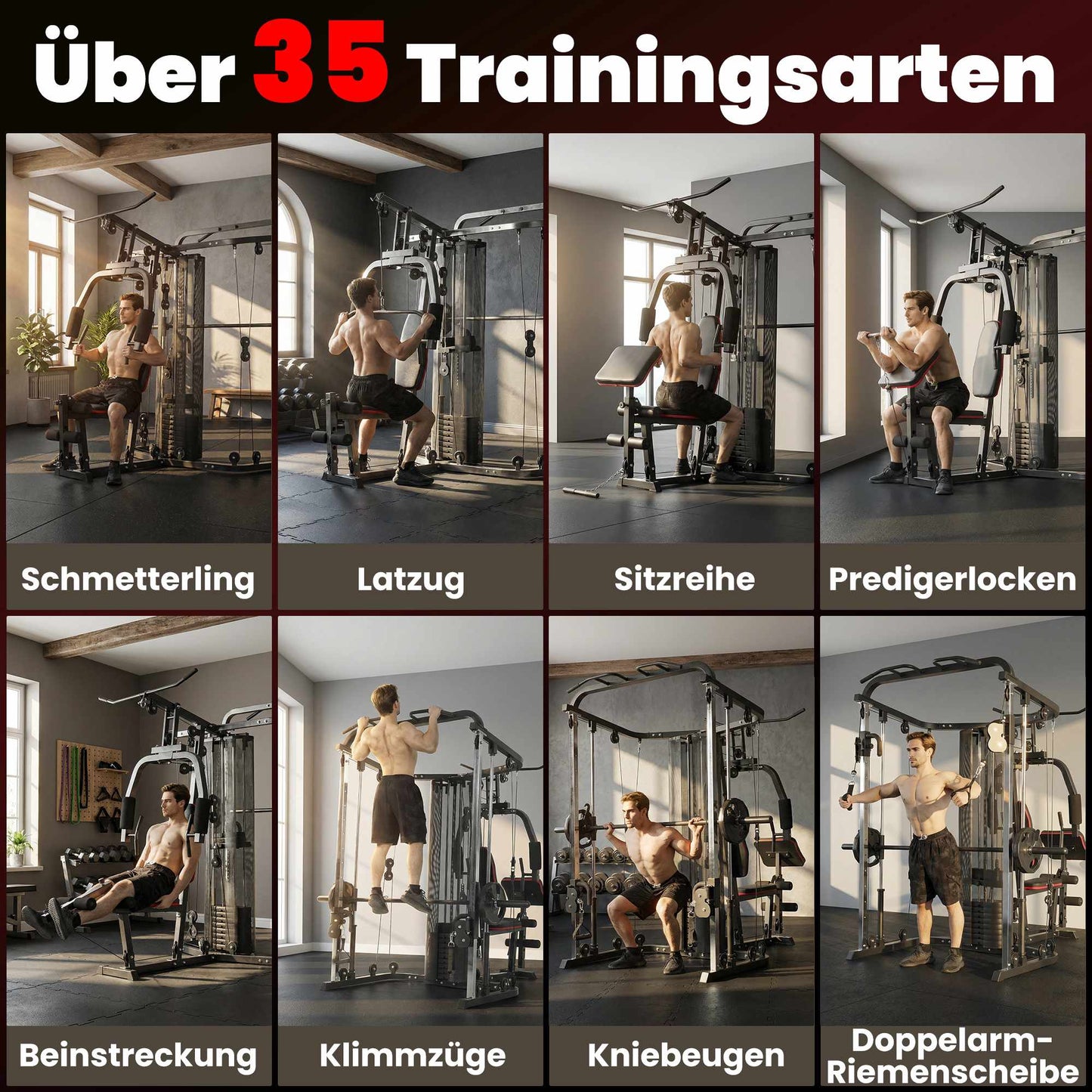 Home Gym Station with 65kg Weights, Lat Pull, Preacher Bench