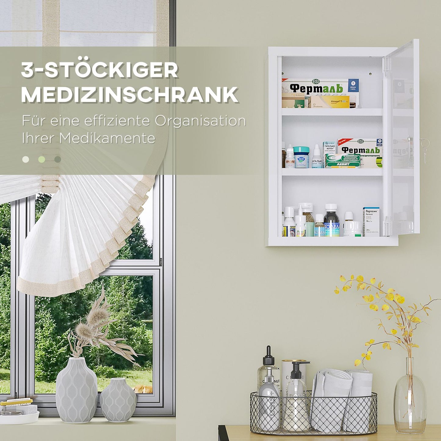 Lockable medicine cabinet in white steel, childproof, 3 compartments