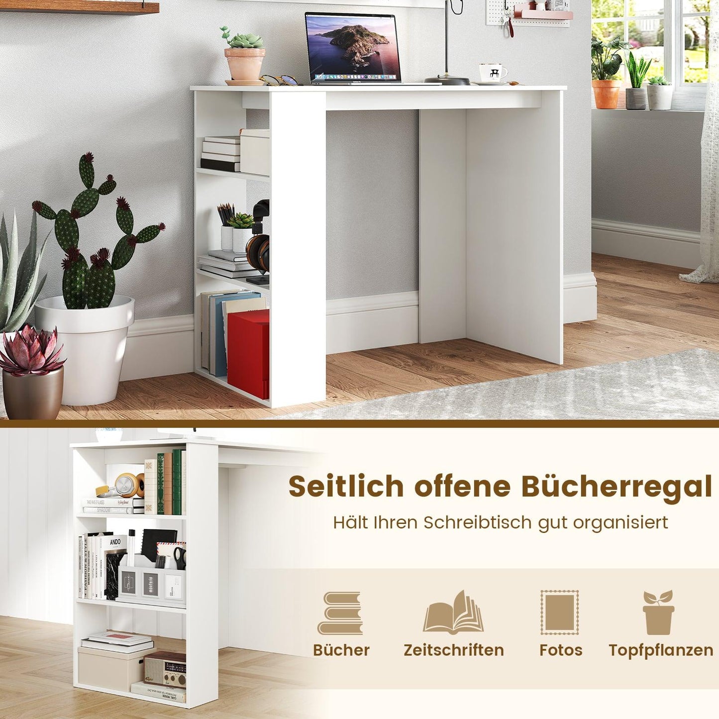 Home Office Desk with Bookshelf, 90 cm, White