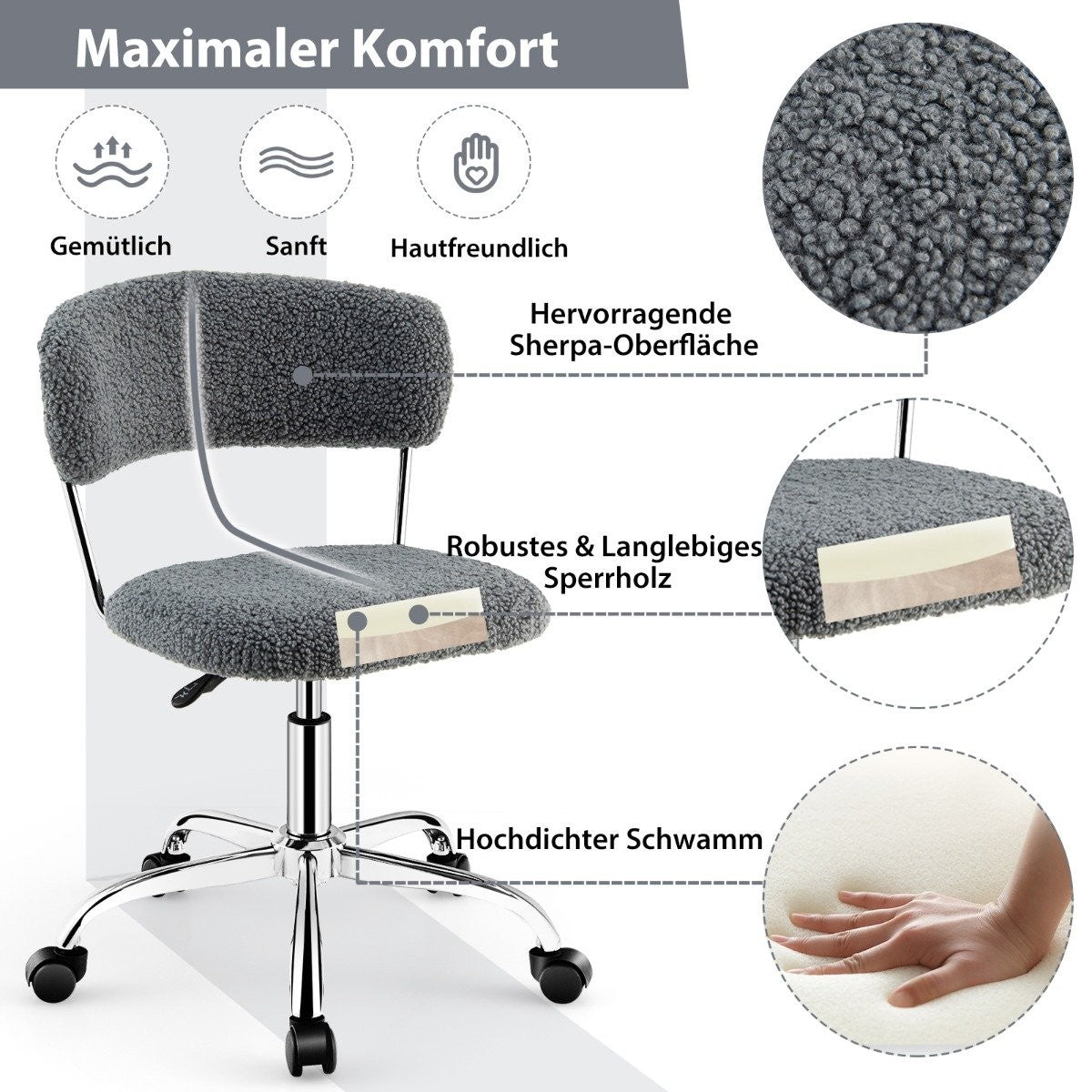 Home Office Swivel Chair Made of Faux Fur with Height-Adjustable Padded Seat Gray