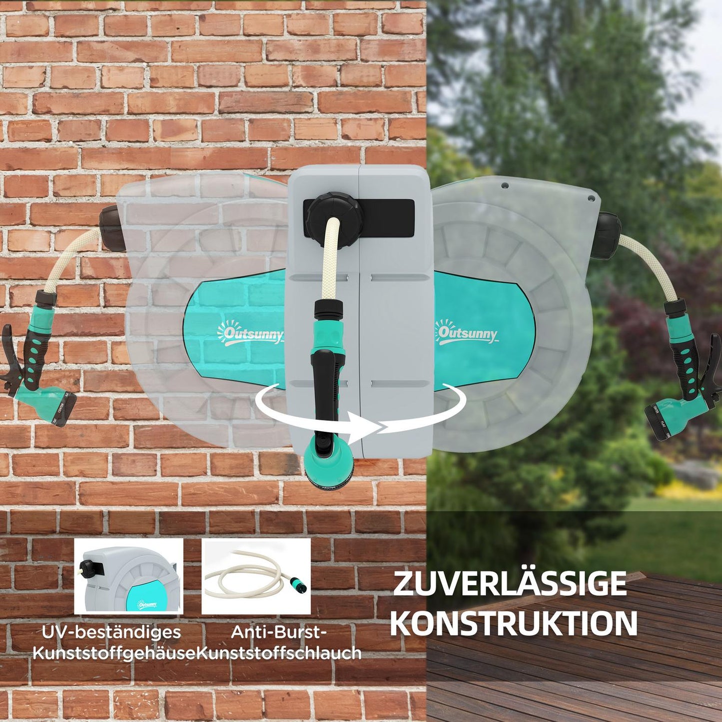 Garden hose reel 20m, wall mount, automatic backwash, 7-function shower
