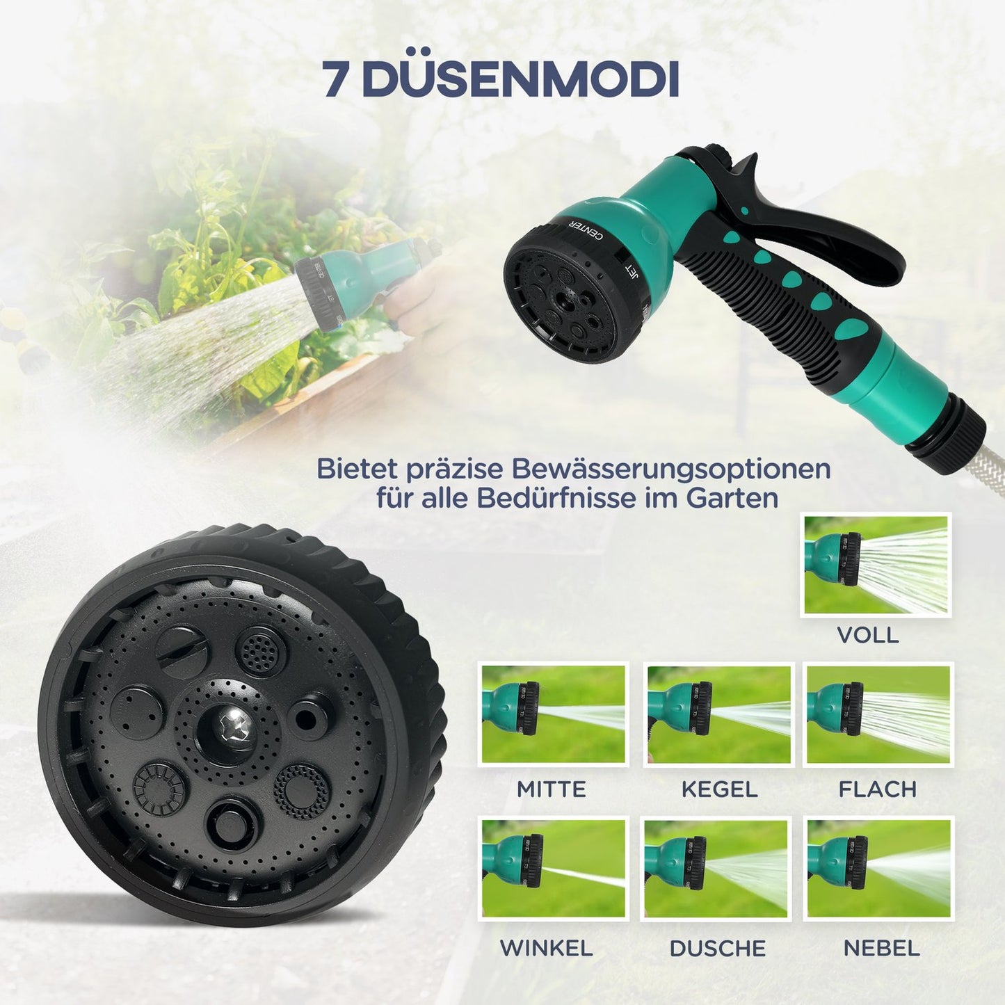 Garden hose reel 20m, wall mount, automatic backwash, 7-function shower