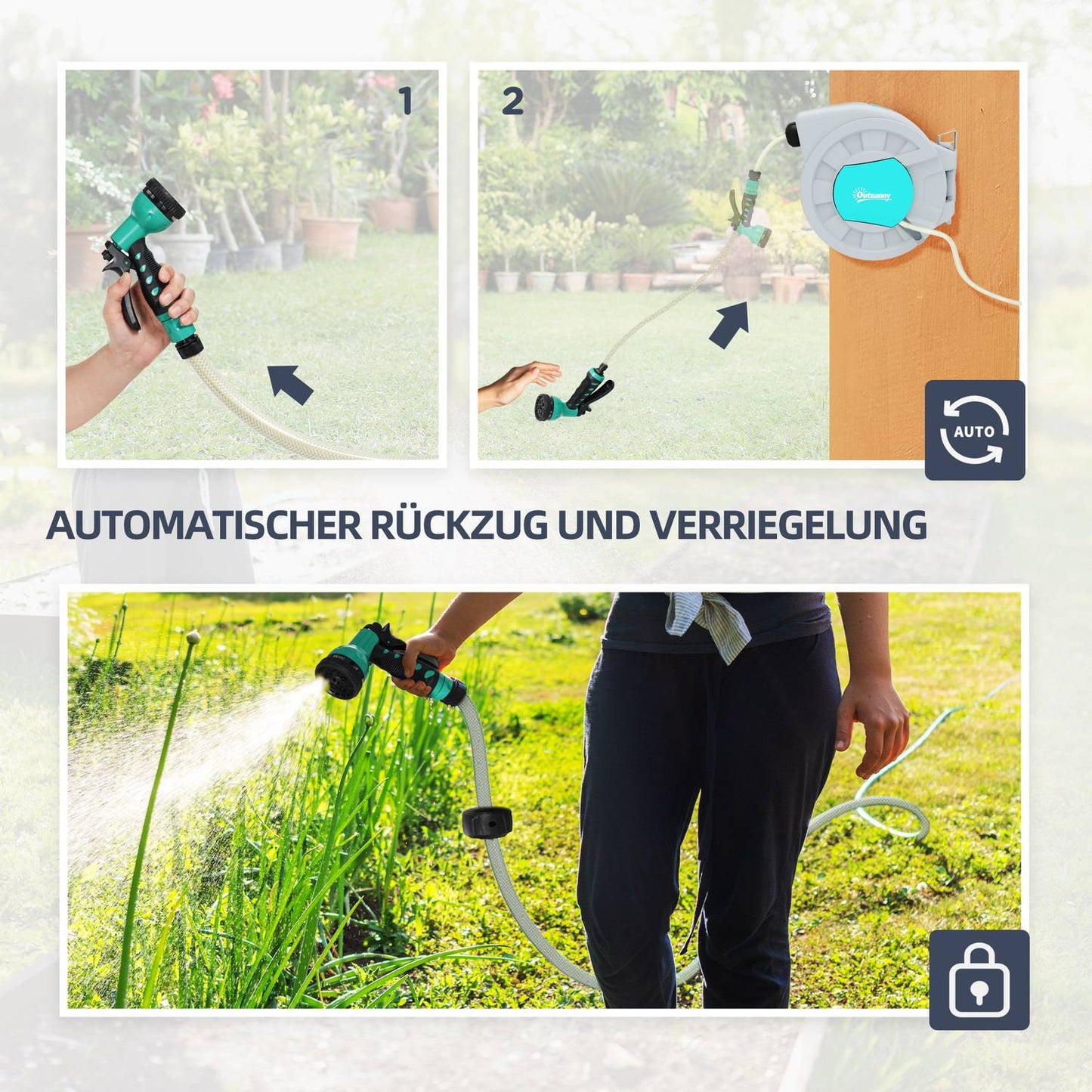 Garden hose reel 20m, wall mount, automatic backwash, 7-function shower