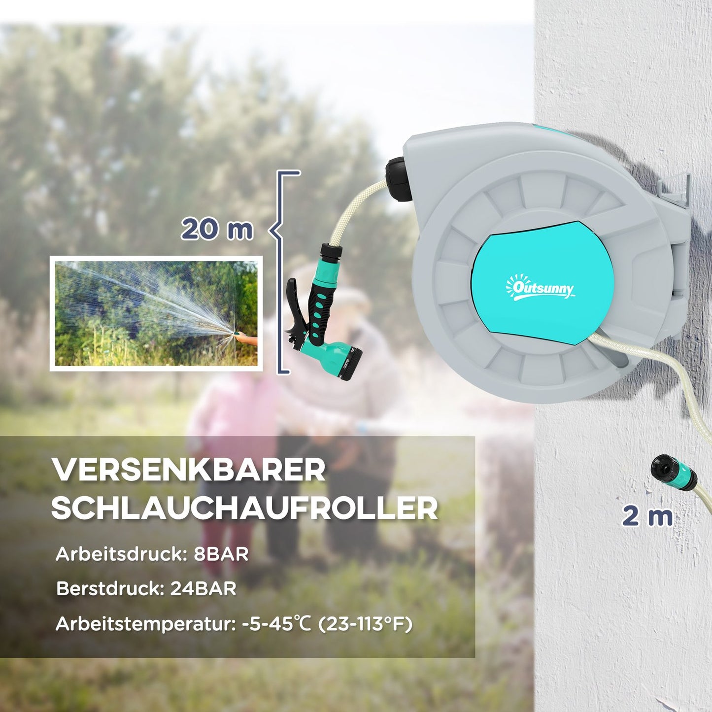 Garden hose reel 20m, wall mount, automatic backwash, 7-function shower